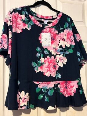 LuLaRoe June Navy Top with Pink Floral Print